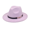 Detail of lavender wool fedora hat featuring a black faux leather band and gold buckle - Taro Purple