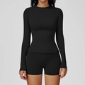 Women's black long sleeve slim fit yoga top and matching biker shorts set - S / Premium Black