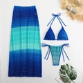 Detailed knit texture of a blue gradient three-piece crochet bikini and beach skirt set - S / Blue