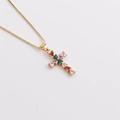 Detail of gold cross pendant with colorful heart-shaped zircons on a fine chain - Heart Cut Multi-color Stone Cross Style (00649-CX)