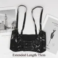 Women's black faux leather punk harness vest with adjustable buckles, 75cm extended length - Black Extended 75cm