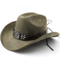 Olive green vintage western cowboy hat in suede felt with eagle buckle and chin strap - M (56-58cm) / Army Green