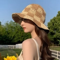 Chic checkered straw bucket hat for women in beige and coffee colors for summer sun protection - One Size / Khaki