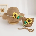 Kids summer straw hat and matching sunflower crossbody bag set with lace details - Hat And Crossbody Bag / Coffee