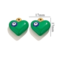 Green heart enamel earring pendants with devil eye pattern and gold loops, 17mm size - Gold Green Evil Eye Heart