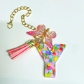 Pink butterfly keychain with letter Y charm and suede tassel for Stanley cup accessories - Letter Y