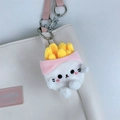Cute white plush cat in pink fries carton pendant keychain on a cream handbag - Fries Cat Doll - Pink