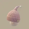 Pink knitted baby winter hat with long striped peak and soft white pompom detail - Christmas Horn Hat Pink (for Ages 2 Months To 2 Years)