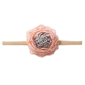 Detail of soft pink and gray fabric flower on an elastic beige nylon baby headband - Pink and Grey Cluster