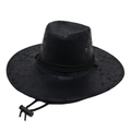 Classic black cowboy hat with cracked leather texture and adjustable wind rope - Black (Textured Leather)