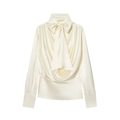 Elegante blusa de satén crema con cuello de lazo alto y manga larga en tela suave - XS / Amarillo claro