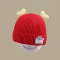 Toddler winter knit hat in red with cute soft horns and ribbed windproof ear flaps - Double Heart-shaped Hat Red (for Ages 2 Months To 2 Years)
