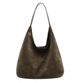 Dark brown faux suede tote bag with large capacity and minimalist shoulder strap design - Green