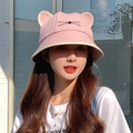 Cute pink bucket hat with 3D cat ears and black embroidered face design for women - Pink