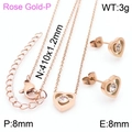 Rose gold hollow heart jewelry set with necklace and earrings featuring clear zircon - 2-Piece Set (KS199065-K)