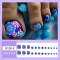 Deep purple press-on toenails with gradient blue and pink flower patterns, 24-piece set - JY156-X Blue & Purple Flower