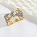 Two-tone gold and silver leaf open ring with micro-set zircon stones in a modern design - Gold Silver Intertwined Bamboo Style
