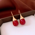 Detail showing elegant red teardrop agate earrings with golden metal hooks for women - 14# Ear Hook - Gold - Red - Water Drop Agate Style Pendant