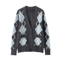 Cardigan da donna grigio scuro con scollo a V e motivo a rombi blu chiaro e bianco - S / Rombo Grigio