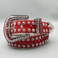 Detail van rode punk riem met ingelegde strasstenen en zilveren metalen bolletjes - Rode Band Rood-Witte Steentjes