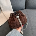 Dark brown pleated drawstring chain bag with silver metal strap and pearl charm - Brown