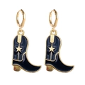 Detailed view of black enamel cowboy boot earrings with golden stars and alloy charms - Black Cowboy Boot Style (JE0937D)
