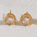 Elegant 14K gold plated heart stud earrings with sparkling cubic zirconia inlay - White