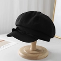 Casquette gavroche chic en lin noir avec bord à volants et tissu à carreaux aéré - M(56-58cm) / Noir (80854 Couleur Unie)