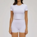 Women's lavender ribbed yoga set with short sleeve top and high waist sports shorts - S / Short Sleeve + Shorts — Romantic Purple