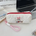 Detail of white quilted pencil case with dog embroidery, pink handle and red zipper - Big Bow Dog