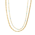 Golden double-layer titanium necklace featuring blue beads and a textured link chain - Gold Blue-Green