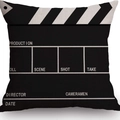 Linen square pillowcase featuring black and white movie clapperboard design pattern - Movie Clapperboard