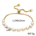 Gold adjustable heart charm bracelet with white pearl resin inlays and slider clasp - Gold Linked Heart Style (KB166604-Z)
