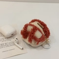 Detail of red and white checkered waffle plush pouch with pearl pendant for AirPods - Red Plaid