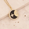 Detail of 18K gold star and crescent moon pendant with black enamel inlay and zircon - Black Enamel Star Moon Style / Black