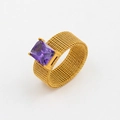 Golden mesh weave stainless steel ring featuring a rectangular purple zircon centerpiece - Purple