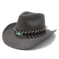 Klassieke western cowboyhoed van grijs gevlochten stro met turquoise steen decoratie - M (56-58cm) / Zwart en Grijs