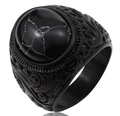 Men's vintage black serpent ring with engraved patterns and cracked stone inlay - Adjustable Open / Black Stone with White Veins