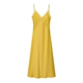 Elegant yellow satin midi dress with lace trim at V-neck and waist on white background - S / Neon Yellow
