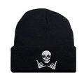 Black ribbed knit beanie with white skull and bone hand embroidery on white background - One Size / Black