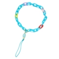 Close-up of colorful resin link phone lanyard with sky blue chain and multicolor accents - SL1853-Sky Blue Purple Pink Green Mixed