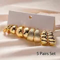5 Pairs set of thick golden C-shaped geometric stud earrings on a display card - Steel Needle - Gold Eco-friendly (10-Piece Set)
