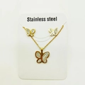 Golden stainless steel jewelry set with white butterfly pendant necklace and stud earrings - Butterfly Style A / Gold