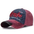 Vintage washed baseball cap in burgundy and navy with quilted Aruba 1499 embroidery - One Size/Adjustable / Navy/Wine Red