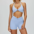 Light blue two-piece yoga set featuring twist-front halter bra and high-waist sports shorts - S / Top And Bottom / Bra + Shorts / Blue
