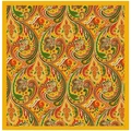 Flat lay of a bohemian silk-like square scarf featuring vibrant paisley floral patterns - Yellow