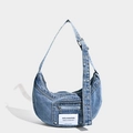 Vintage blue denim hobo bag with eyelet wide strap and front zipper pocket - Blue