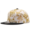 Flat brim snapback hat with white floral print body and black peak for sun protection - White Gold Edge Botanical Vintage Style (12)