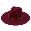 Detail of burgundy wool fedora featuring leather band with gold feather charm and beads - Adult (57-60cm) / Wine Red Heart (Gold Feather)