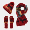 Detail of red Christmas knit set featuring black elk silhouette and snowflake patterns - Mittens Wine Red